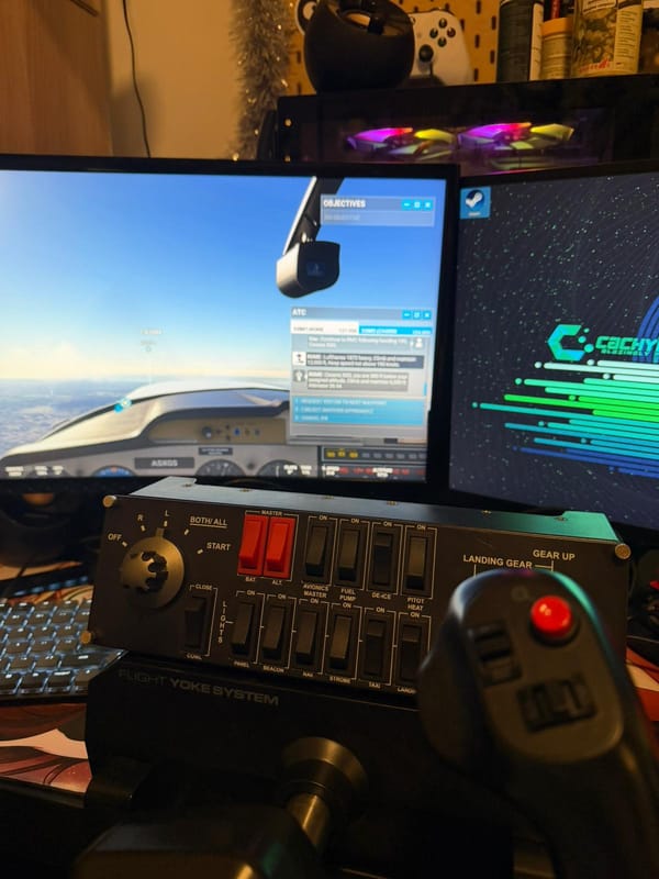 A picture of a computer running Microsoft Flight Simulator 2020, with a yoke and a switch panel in the foreground